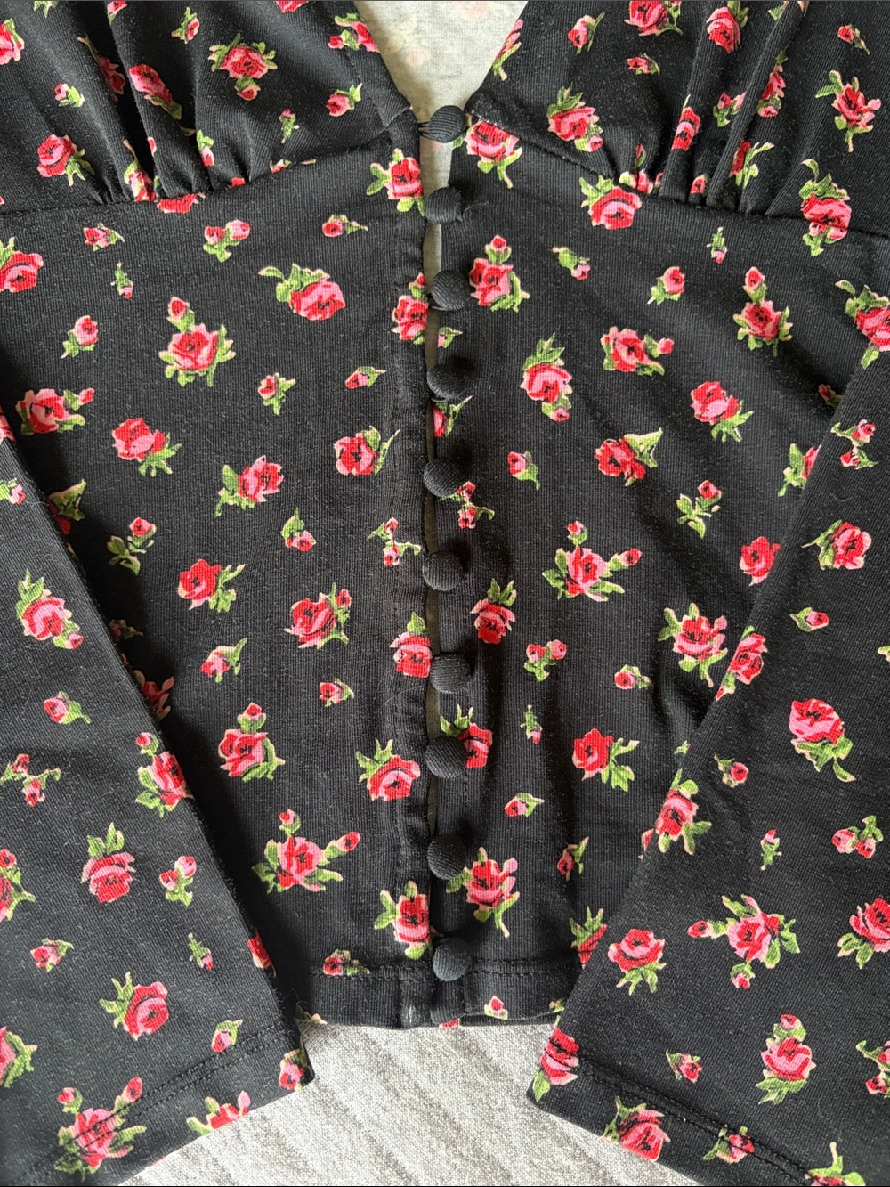 Sezane Lydia T-Shirt Black Long-Sleeve V-Neck Top with Pink Floral Print - Picture 6 of 9